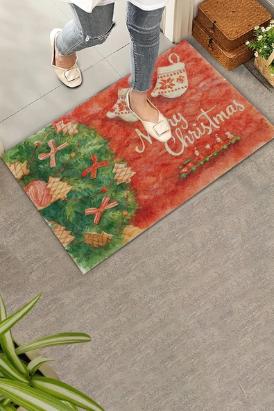 Valerine Life Yılbaşı Noel Çam Ağacı Eldivenli Kırmızı Welcome Hoş Geldiniz Kapı Önü Paspası 45x70cm ürün görseli 1