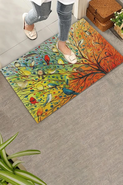 Valerine Life Renkli Kuşlar Hayat Ağacı Welcome Hoş Geldiniz Kapı Önü Paspası 45x70cm ürün görseli 1