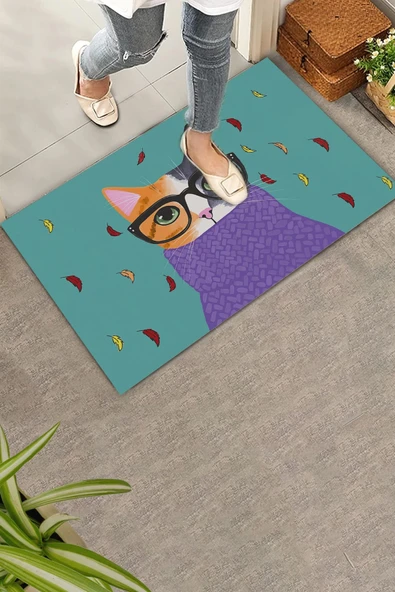 Valerine Life Aristokrat Kedi Yeşil Renkli Welcome Hoş Geldiniz Kapı Önü Paspası 45x70cm ürün görseli 1