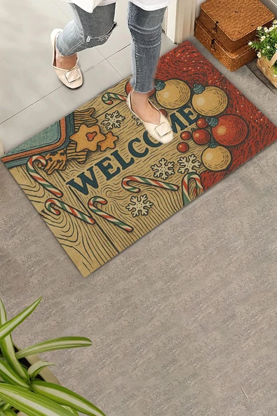 Valerine Life Yılbaşı Baston Şekerli Noel Temalı Welcome Hoş Geldiniz Kapı Önü Paspası 45x70cm ürün görseli 1