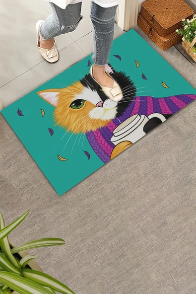 Valerine Life Kahve Düşkünü Relaks Kedi Yeşil Welcome Hoş Geldiniz Kapı Önü Paspası 45x70cm ürün görseli 1