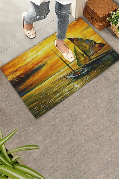 Valerine Life Deniz Gemi ve Gün Batımında Huzur Temalı Welcome Hoş Geldiniz Kapı Önü Paspası 45x70cm ürün görseli 1