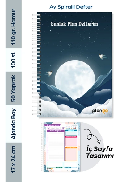 Ay ve Bulutlar Spiralli Günlük Planlama Defteri - Planlayıcı Defter ürün görseli 1