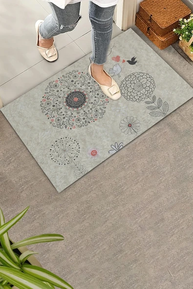 Valerine Life Dilek Otlu Papatya ve Kuşlar Krem Rengi Welcome Hoş Geldiniz Kapı Önü Paspası 45x70cm ürün görseli 1