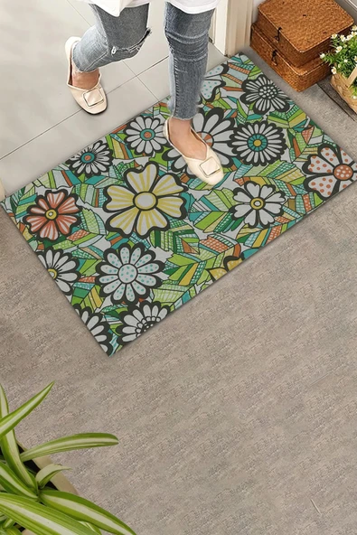 Valerine Life Çiçeksenfoni Temalı Yeşil Renk Welcome Hoş Geldiniz Kapı Önü Paspası 45x70cm ürün görseli 1