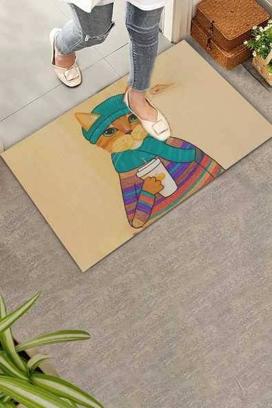 Valerine Life Kedilatte Parke Desenli Krem Rengi Welcome Hoş Geldiniz Kapı Önü Paspası 45x70cm ürün görseli 1