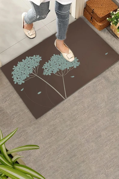 Valerine Life Kişniş Çiçeği Motifli Kahverengi Welcome Hoş Geldiniz Kapı Önü Paspası 45x70cm ürün görseli 1