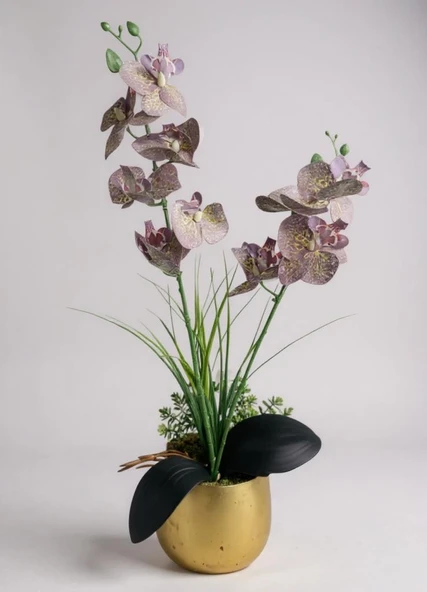 Yapay Çiçek Mor Islak Orkide Gold Metal Saksıda Saksıda Orkide 50cm ürün görseli 1