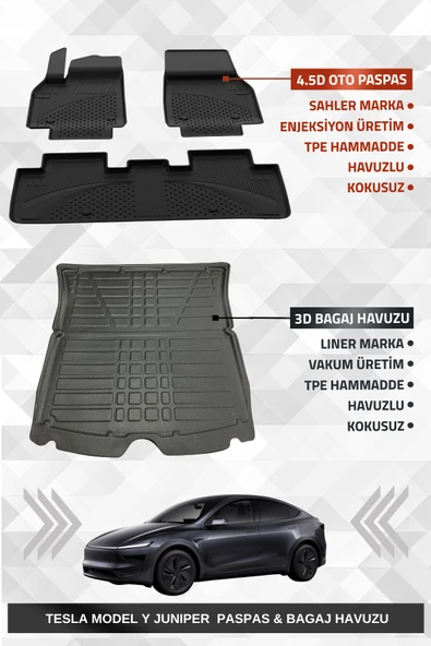 Sahler Tesla Model Y Juniper 2025+ Uyumlu 4.5D Premium Havuzlu Oto Paspas ve Liner Marka 3D Bagaj Havuzu ürün görseli 1