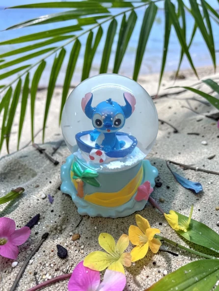 Işıklı Püskürtmeli 10cm-8cm -mavi renk ( sarı altlık) Stitch Kar küre ürün görseli 1