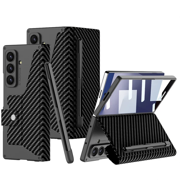Galaxy Z Fold 7 Kılıf Kamera Korumalı Karbon Tasarımlı Kıpta Kalem Bölmeli Fest Kapak ürün görseli 1