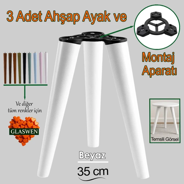 3 Adet Ahşap Ayak 35 Cm Beyaz M8 Civatalı Bağlantı Aparatlı Mobilya Tabure Sehpa Masa Destek Ayağı ürün görseli 1