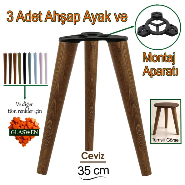 3 Adet Ahşap Ayak 35 Cm Ceviz M8 Civatalı Bağlantı Aparatlı Mobilya Tabure Sehpa Masa Destek Ayağı ürün görseli 1