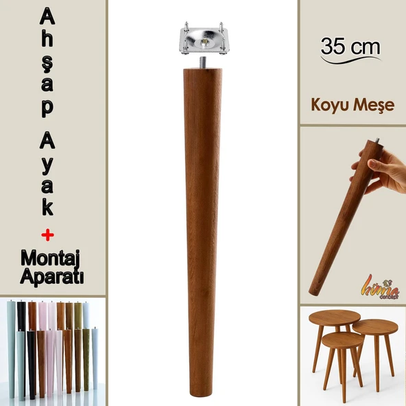 Ahşap Ayak 35 Cm Koyu Meşe M8 Civatalı Bağlantı Aparatlı Mobilya Tabure Sehpa Masa Destek Ayağı ürün görseli 1