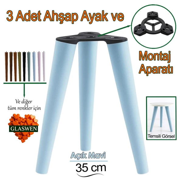 3 Adet Ahşap Ayak 35 Cm Açık Mavi M8 Civatalı Bağlantı Aparatlı Mobilya Tabure Sehpa Masa Destek Ayağı ürün görseli 1