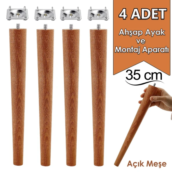4 Adet Ahşap Ayak 35 Cm Açık Meşe M8 Civatalı Bağlantı Aparatlı Mobilya Tabure Sehpa Masa Destek Ayağı ürün görseli 1