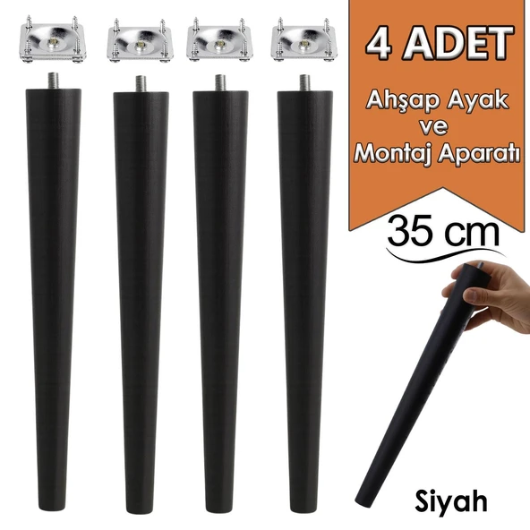 4 Adet Ahşap Ayak 35 Cm Siyah M8 Civatalı Bağlantı Aparatlı Mobilya Tabure Sehpa Masa Destek Ayağı ürün görseli 1