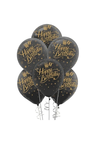Altın Happy Birthday Baskılı Siyah Balon 100'lü ürün görseli 1