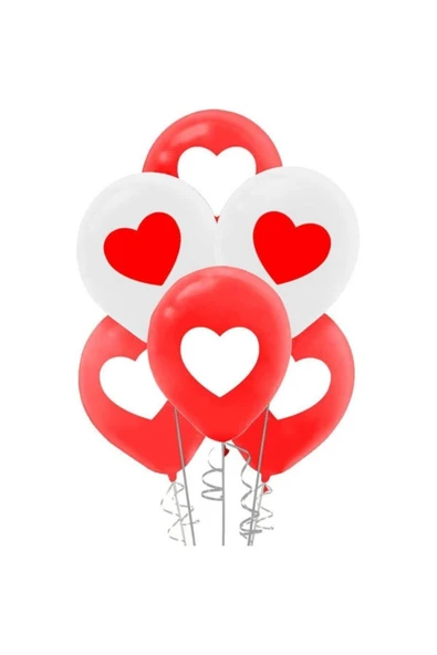 Kırmızı Beyaz Kalp Baskılı Balon 10 Lu ürün görseli 1