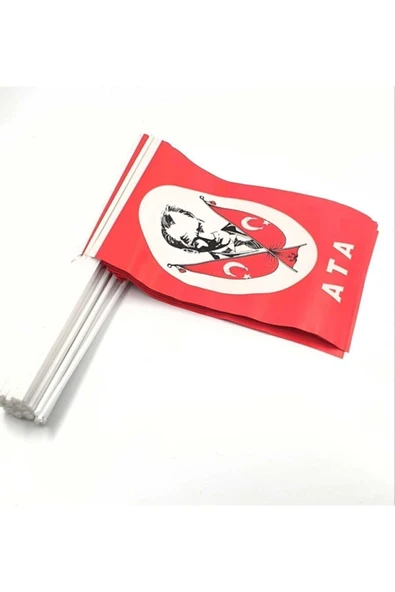100 Adet Çubuklu Kağıt Atatürk Çıtalı Sopalı Ay Yıldız Baskılı Bayrak 13 X 20 cm ürün görseli 1