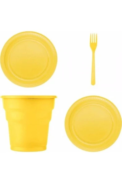 Sarı Renk Plastik Tabak, Bardak, Çatal Seti Parti Piknik Seti ürün görseli 1