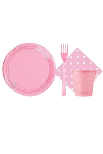Pembe 25 Kişilik Plastik Bardak Çatal Tabak Puantiyeli Peçete ürün görseli 1