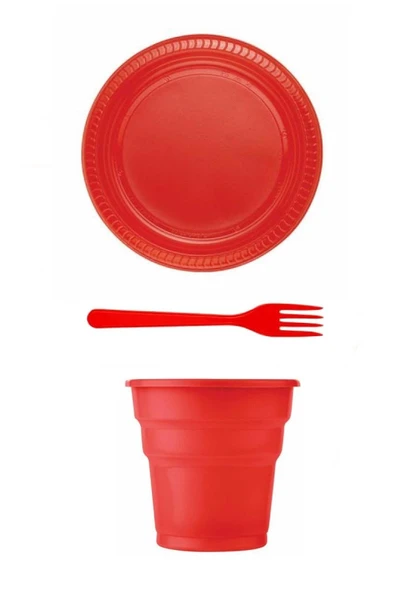 Kırmızı Plastik Tabak Çatak Bardak Seti ürün görseli 1