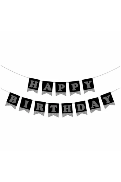 Happy Birthday Siyah Zemin Gümüş Harf Afiş ürün görseli 1