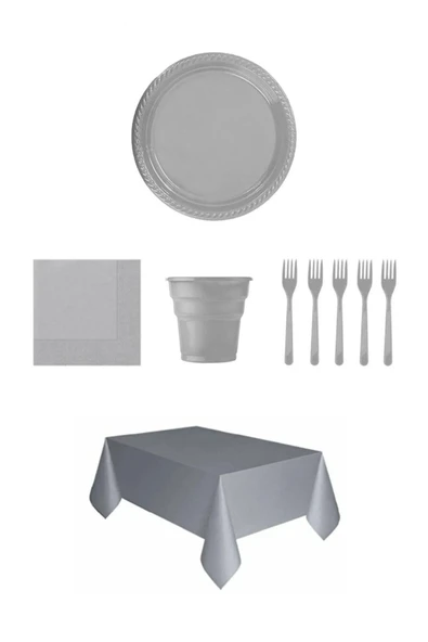 Gümüş Renk Plastik Tabak + Bardak + Çatal + Peçete ve Masa Örtüsü Seti ürün görseli 1