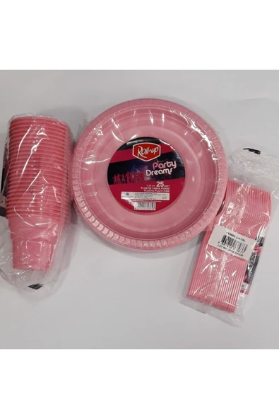 Plastik Tabak - Bardak - Çatal Set Pembe ürün görseli 1