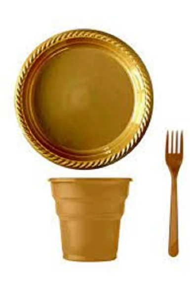 Gold-altın Sarısı Plastik Tabak-bardak-çatal Set ürün görseli 1