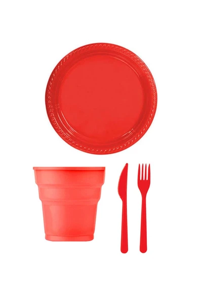 Kırımızı Renk Plastik Tabak Bardak Çatal Bıçak Seti 24 Kişilik ürün görseli 1
