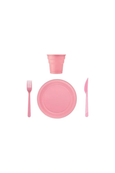 Pembe Plastik Tabak Bardak Çatal Set ürün görseli 1