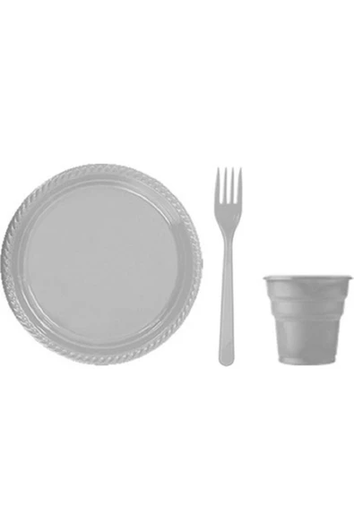 Gümüş-gri Plastik Tabak-bardak-çatal Set ürün görseli 1