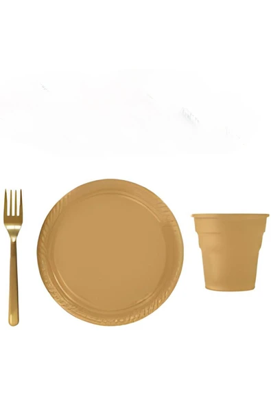 Gold Plastik Tabak Bardak Çatal Peçete Seti ürün görseli 1