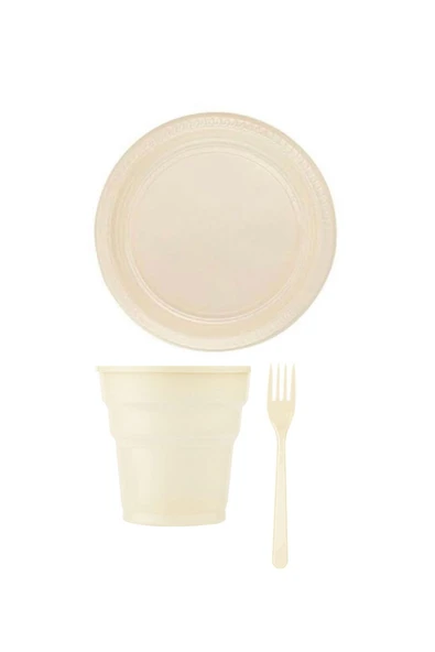 Krem Rengi Plastik Tabak Bardak Çatal Seti 24 Kişilik ürün görseli 1