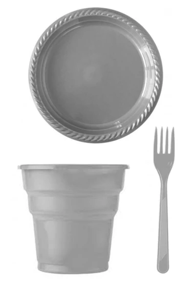 Gümüş Plastik Tabak Çatak Bardak Seti 75 Parça ürün görseli 1