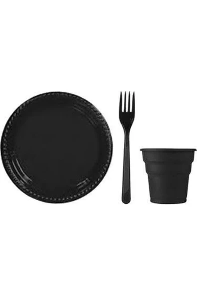 Siyah Plastik Tabak-bardak-çatal Set ürün görseli 1