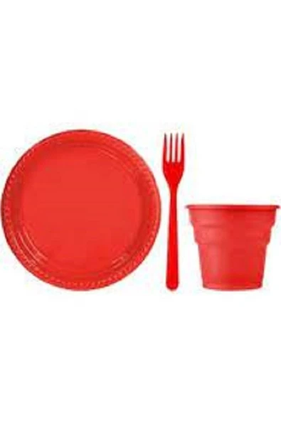 Kırmızı Plastik Tabak-bardak-çatal Set ürün görseli 1