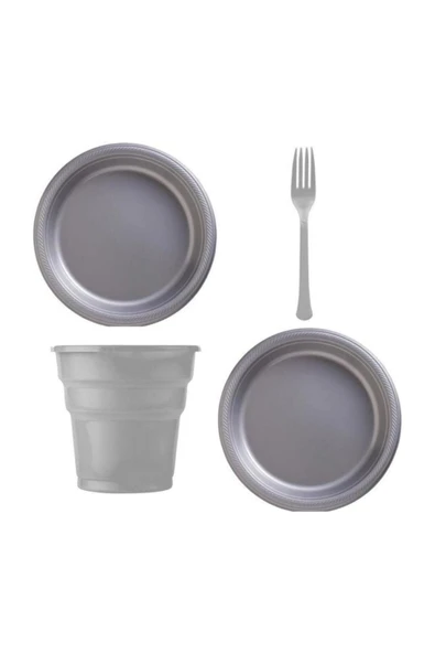 Gümüş Renk 25 Li Plastik Bardak+catal+tabak ürün görseli 1