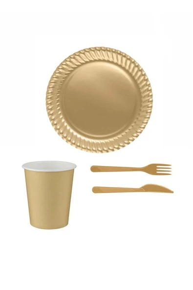 Gold Renk Plastik Tabak Bardak Çatal Bıçak Seti 24 Kişilik ürün görseli 1