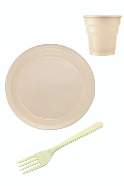 Krem Renk Tabak Bardak Çatal Seti Plastik 25 Kişilik Kullan At Tek Kullanımlık Plastik Set ürün görseli 1