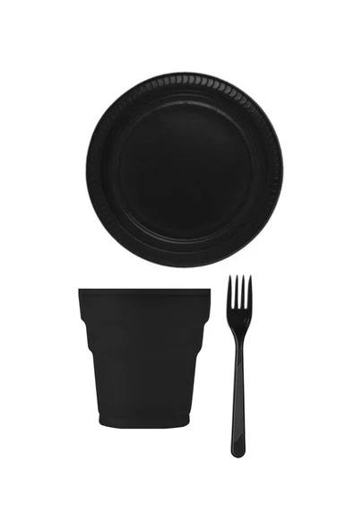 Siyah Renk Plastik Tabak Bardak Çatal Seti 24 Kişilik ürün görseli 1