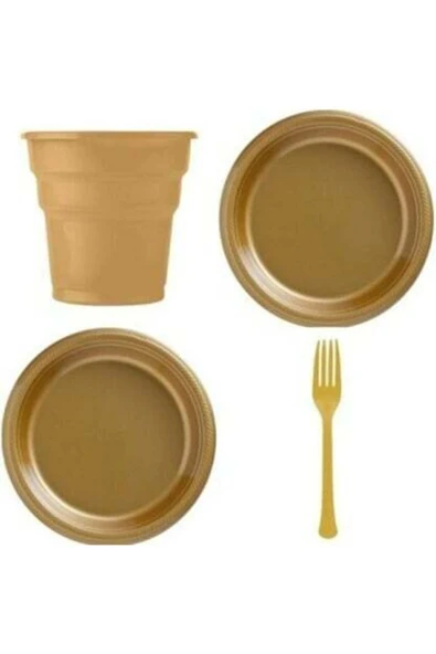 Plastik Tabak Bardak Çatal Seti Gold 25'li ürün görseli 1