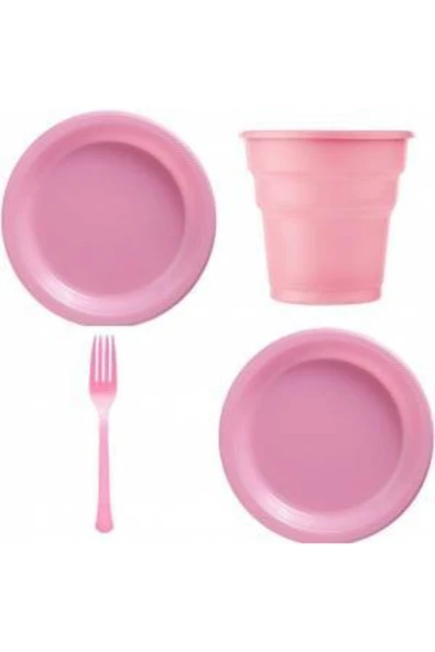 Pembe Lüx Plastik Tabak Bardak Çatal Seti 25 Kişilik ürün görseli 1