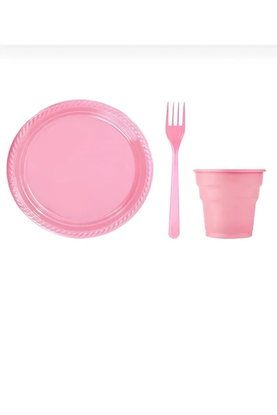 Pembe Plastik Tabak Bardak Çatal Peçete Seti ürün görseli 1