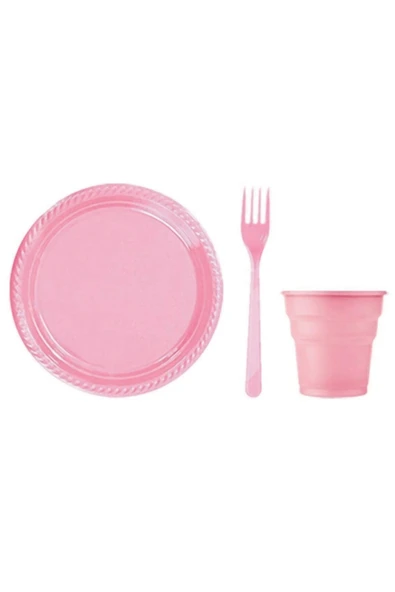 Pembe Plastik Tabak - Bardak - Çatal Seti 25 Kişilik ürün görseli 1