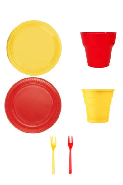 Plastik Tabak, Bardak, Çatal Set 48 Kişilik Sarı - Kırmızı ürün görseli 1