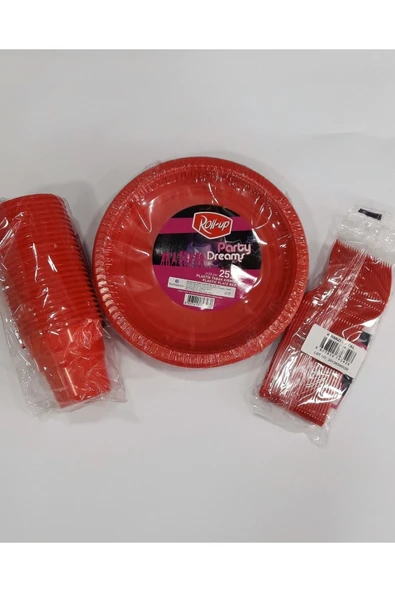 Plastik Tabak - Bardak - Çatal Set Kırmızı ürün görseli 1