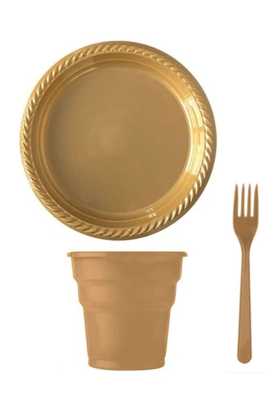 Altın Gold Plastik Tabak Bardak Çatal Seti 75 Parça ürün görseli 1